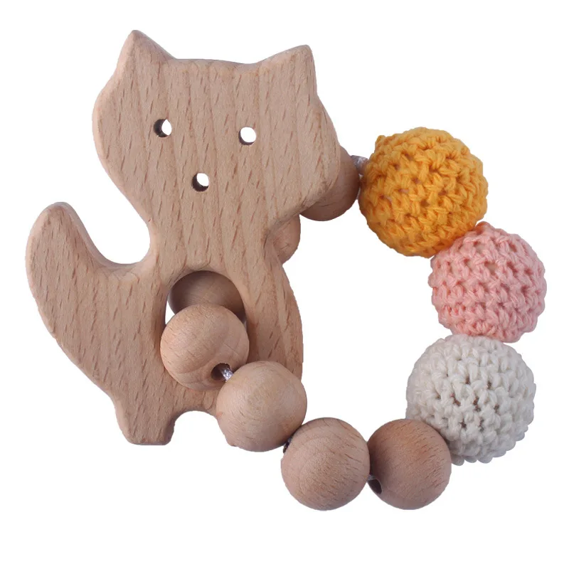 New 1PC Wooden Teether Rabbit Elephant Crochet Beads Wood Crafts Ring Engraved Bead Baby Teether Wooden Toys For Baby Rattle