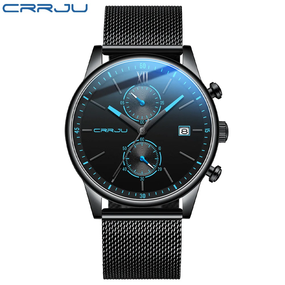 2021 Watches Mens CRRJU Top Brand Stainless Steel Waterproof Clocks Men Watch Military Diving Quartz WristWatch Chronograph