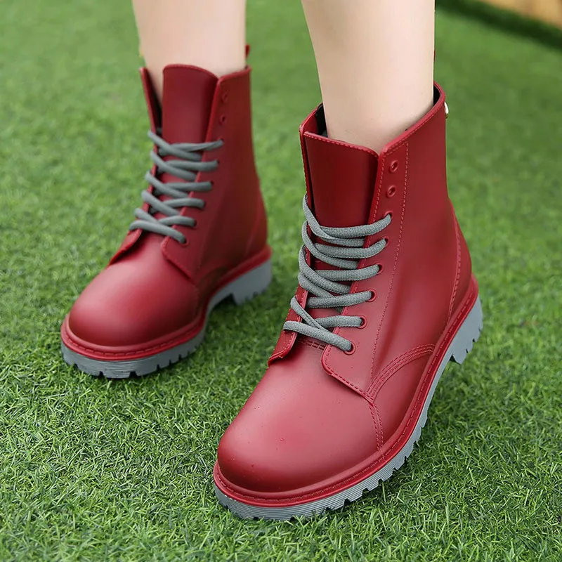 Women\'s Rainboots Waterproof Rain Shoes Platform Woman Mud Water Shoes Rubber Lace Up PVC Ankle Boots Sewing Rain Boots