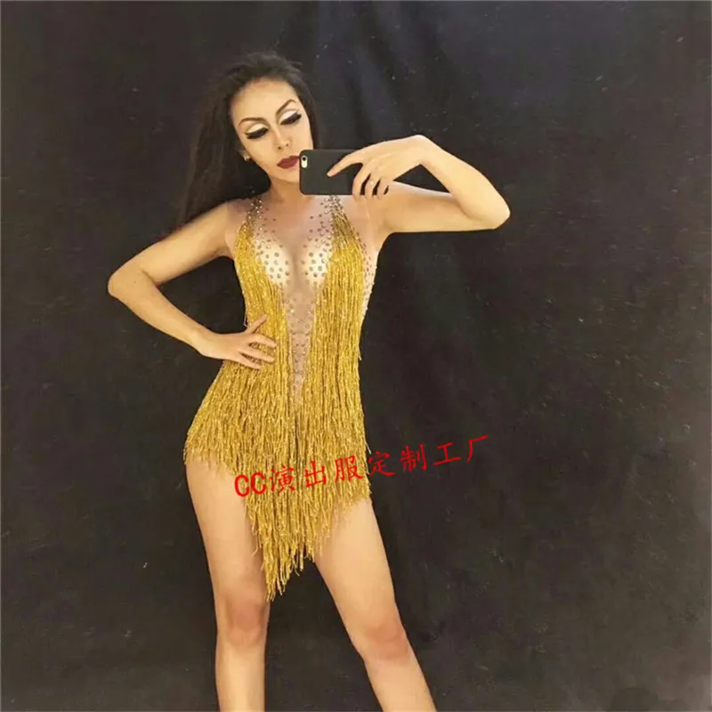 

Sexy Gold Tassel Sparkly Full Rhinestones Bodysuit Bar Female Singer Stage Wear Nightclub Prom Bright Costume One-piece Clothing