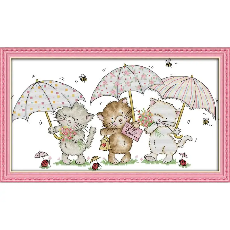 New Arrival JoySunday Cross Stitch Kits 11&14CT DIY DMC Cross Stitch Kit Three Little Kittens Under The Umbrella Embroidery Kits