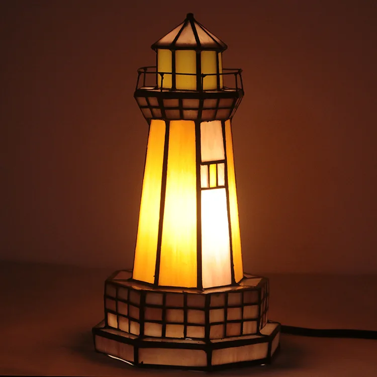 Lighthouse Tiffany Style Stained Glass Table Lamp Night Light with Lookout Platform, Lights, 9.84-inch Tall