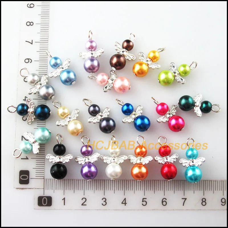 20Pcs Silver Plated Angel Mixed Ball Glass Pearl Beads Charms Pendants 14x21mm