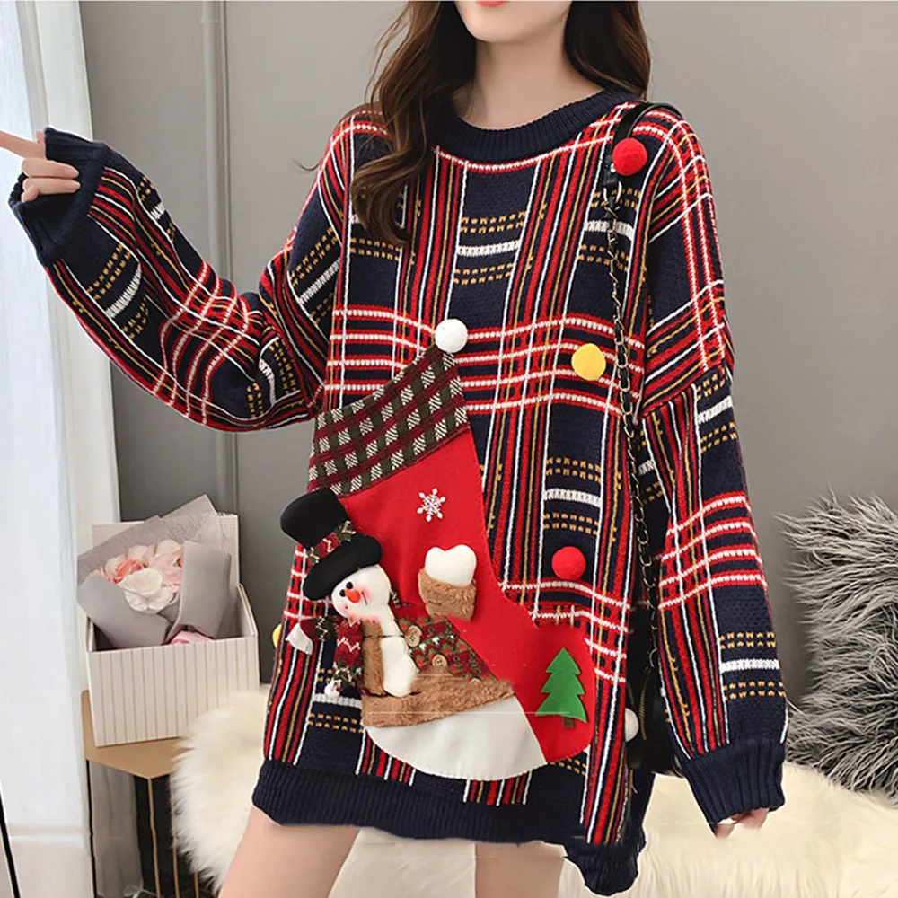 Winter Ugly Christmas Sweaters Pullover Women Jumper Knitted Lovers Red Sweater Long Sleeve O-neck Snowman Top