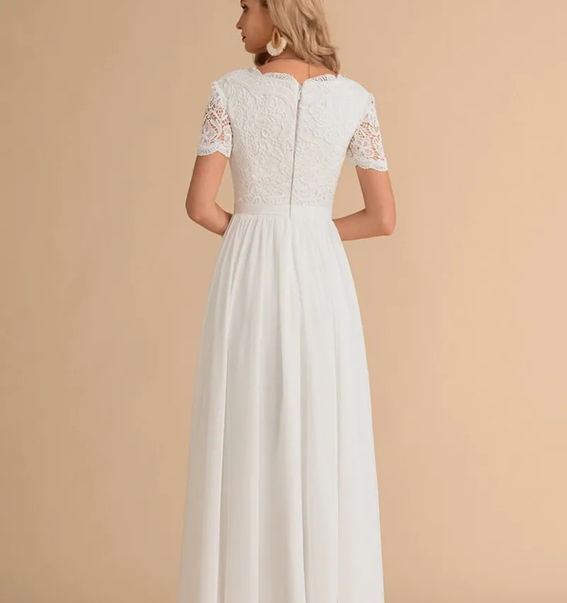 A-Line V-neck Floor-Length Chiffon Lace Wedding Dress Sweet Short Sleeves Bridal Party Gowns Robe De Mariage Vestidos Noiva