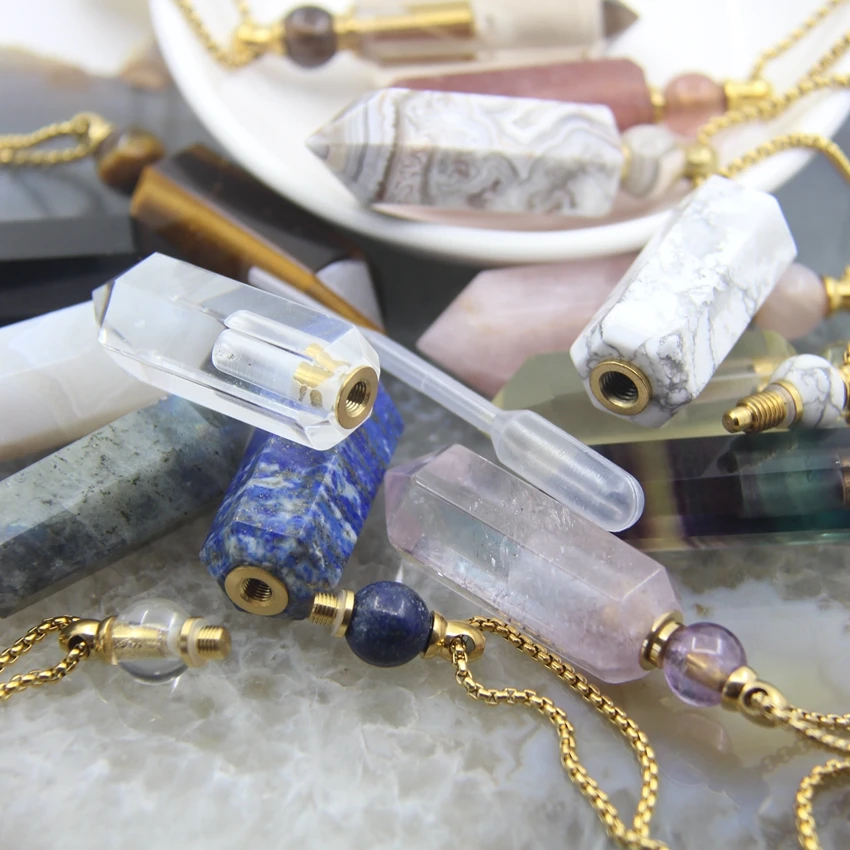 Hexagon prism Spike Beads pointed Perfume Bottle Chains Necklace Pendants,Quartz Crystal Points Essential Oil Diffuser Vial