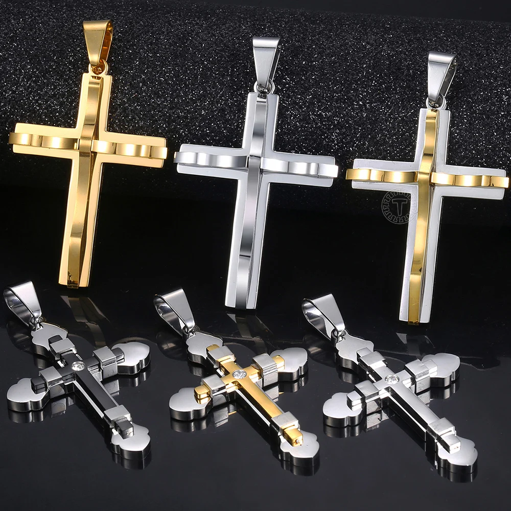 Davieslee 15 Styles Multi Layers Cross Pendant for Men Gold Black Silver Color Stainless Steel Clear CZ Trendy Jewelry LKPP1