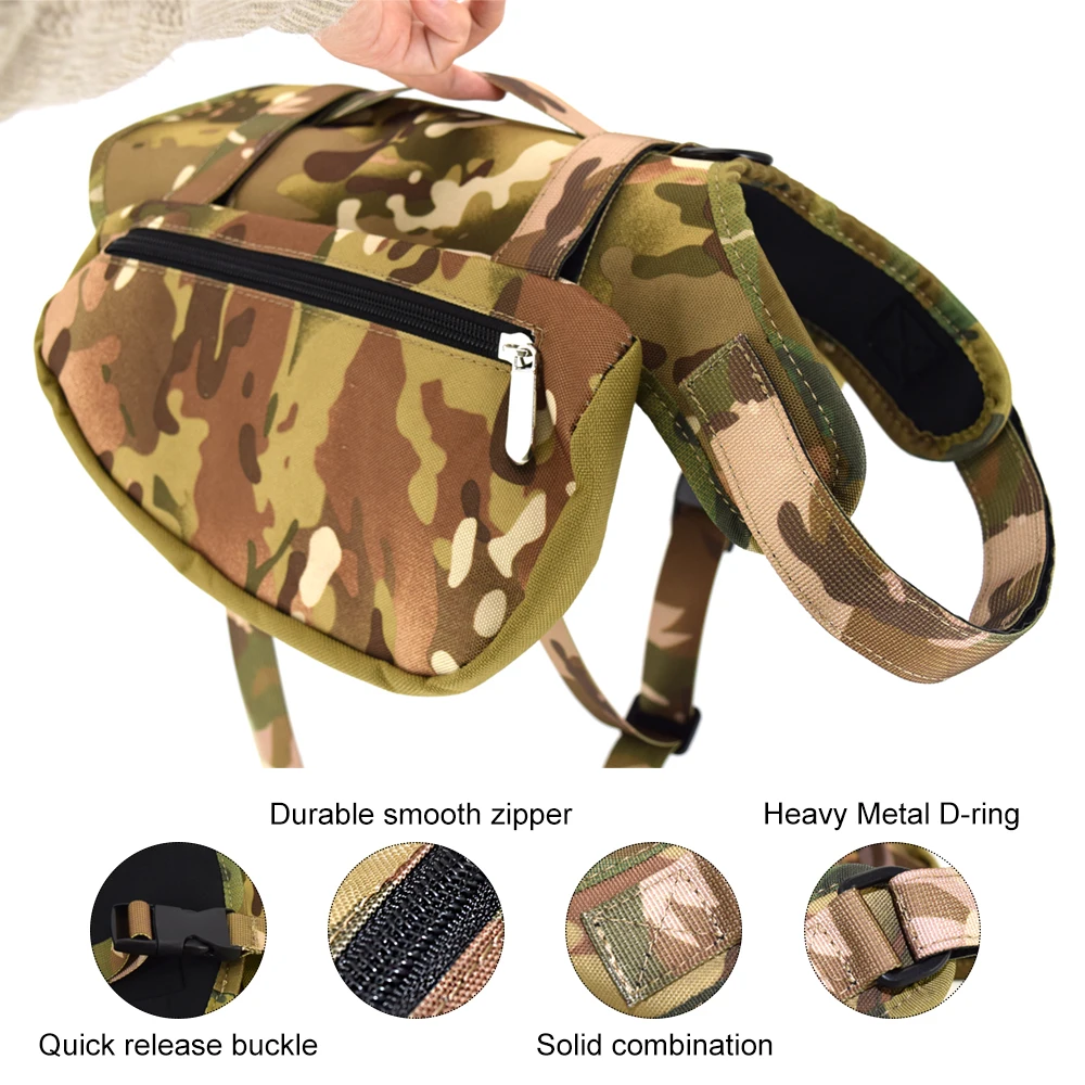 Waterproof Camouflage Oxford Fabric Pet Dog Pack Hound Saddle Bag Backpack For Travel Camping Hiking  2 Capacious Side Pockets