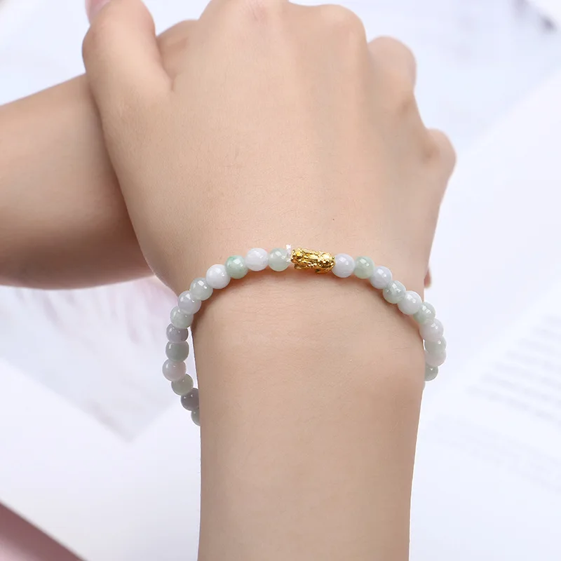 1PCS Pure 24K Yellow Gold Jewelry Real 24K Yellow Gold For Women 3D Hard Gold Pixiu with Natural Jade Beads 6mm Gold Bracelet