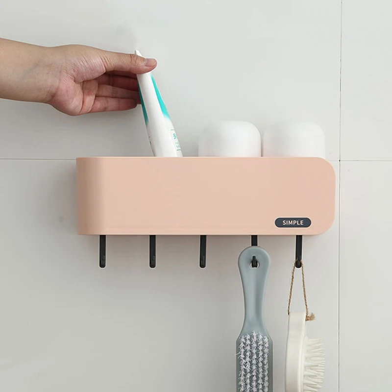 Toothbrush Storage Holder Comes with Two Cups Wall-Mounted Organizer Racks with Hook Storage Box Shelf Home Bathroom Accessories