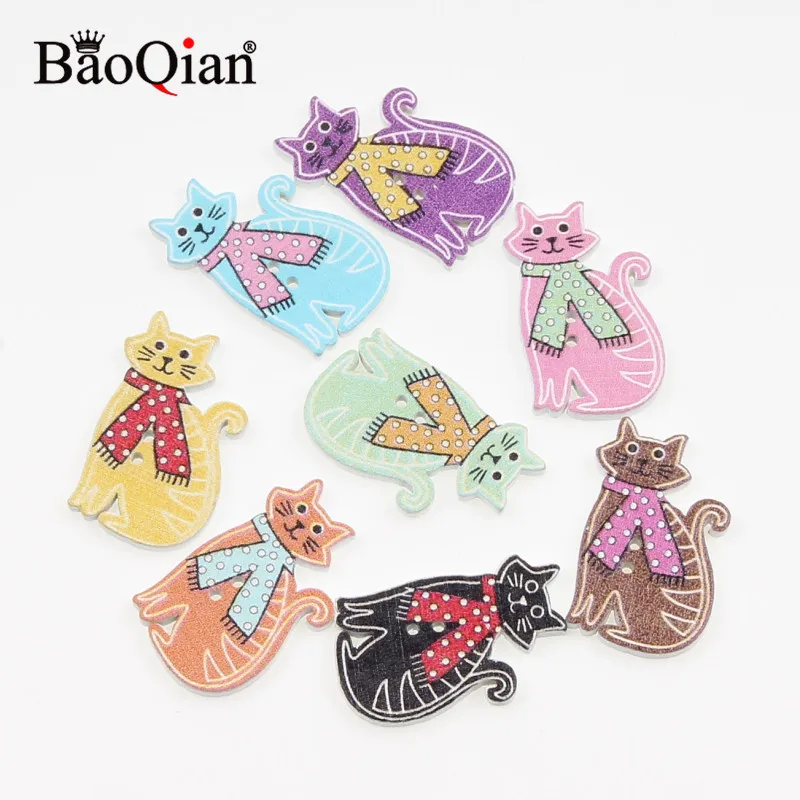 50Pcs Mixed Cat Wood Sewing Buttons For Kids Clothes Scrapbooking Decorative Crafts Botones Needlework DIY Accessories 20x30mm