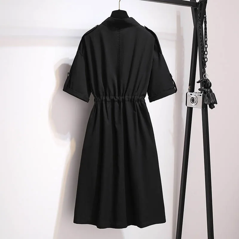 150Kg Plus Size Women\'s Summer Loose Cotton Shirt Dress Bust 152cm 5XL 6XL 7XL 8XL 9XL Temperament Waist Dress Black Khaki