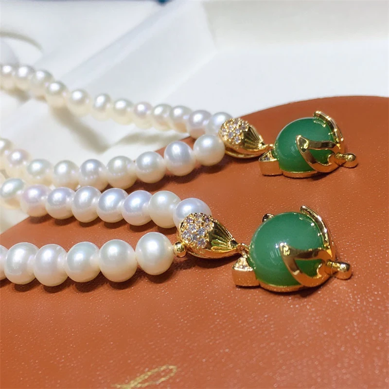 HABITOO White 5-6mm Freshwater Pearl Green Jade Fox Pendant Necklace Bracelet Simple Design Jewelry Set Charming Gift Daily Wear