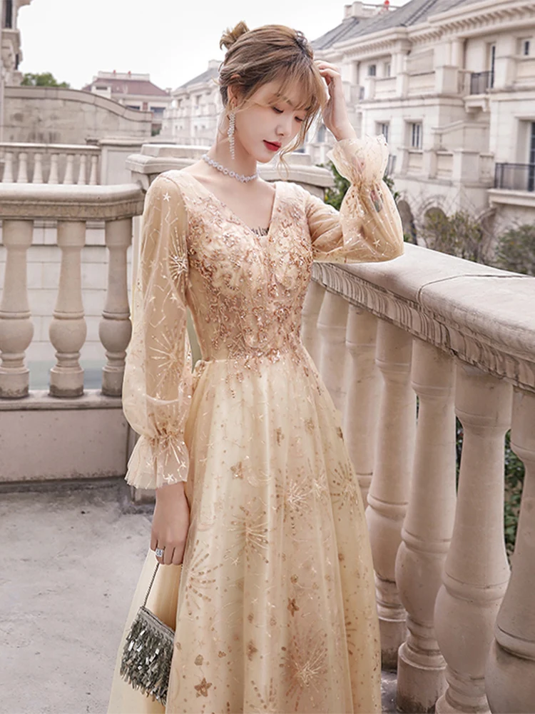 Customized Evening Dresses Lace up Long Sleeves V-Neck Plus size A-line Floor-length Simple Crystal Woman Formal Party Dress