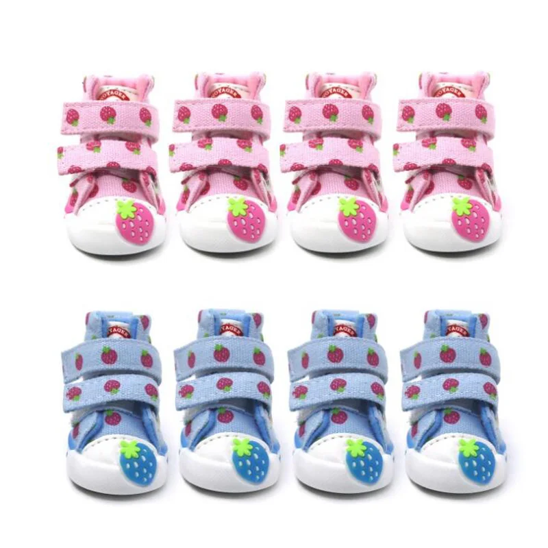 Cute Strawberry Dog Booties Denim Shoes Anti-slip Breathable Dog Shoes Autumn Winter Warm Sneakers for Small Dog Chihuahua Teddy