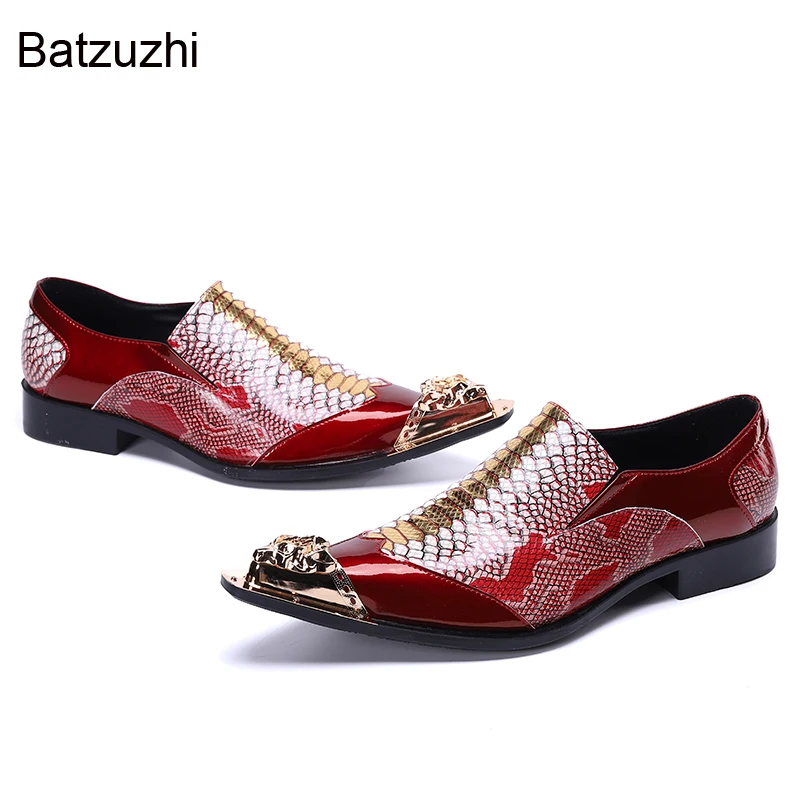 

Batzuzhi Formal Genuine Leather Dress Shoes New Design Men Slip on Golden Metal Toe Color Business, Party and Wedding Shoes Man