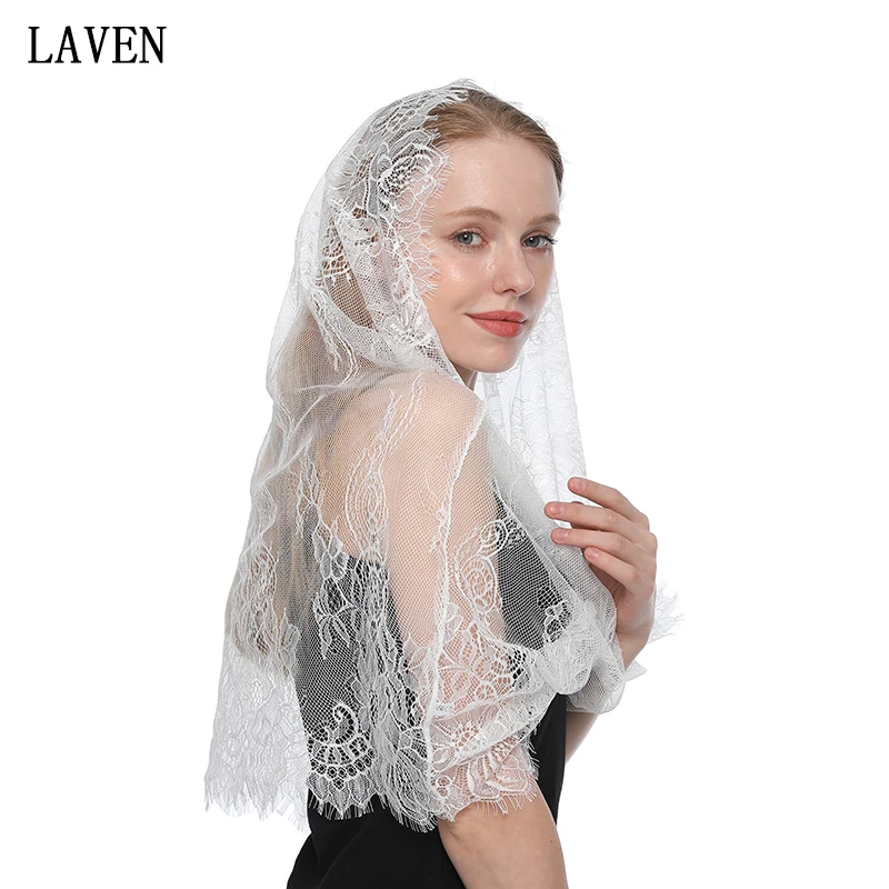 White Black Women's Spanish Mantilla Lace Catholic Veil for Chapel Church Shawl Head Covering Scarf Mass Shawl Round Style Laven