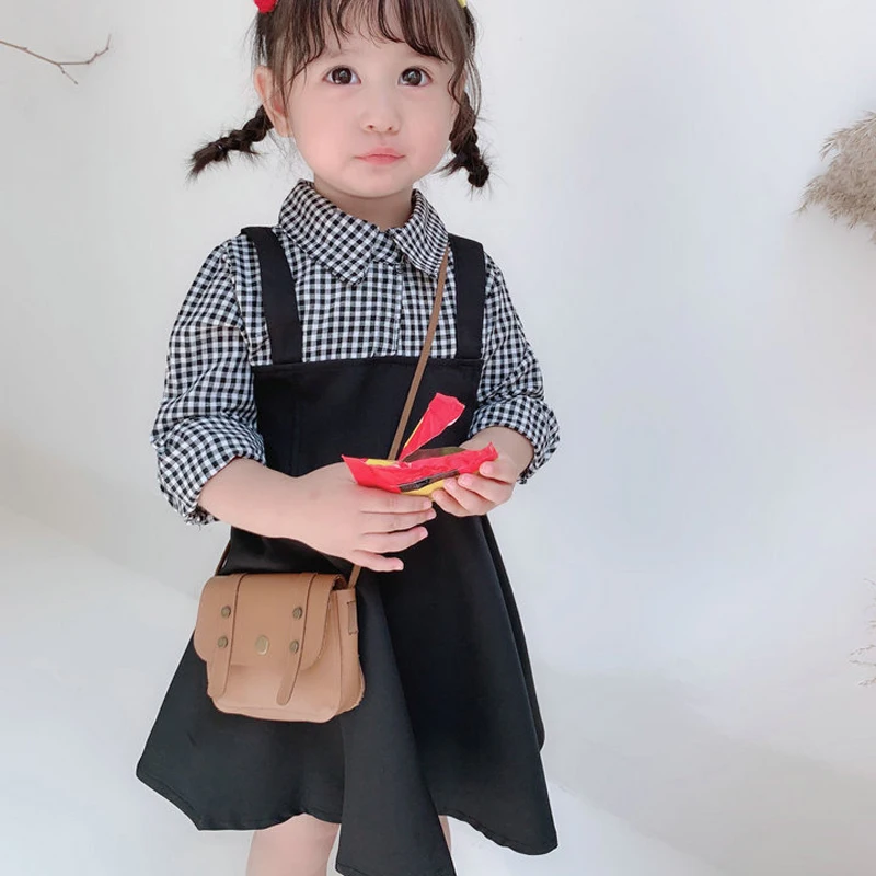 Girls Dress Plaid Elegant Stitching Dress 2021Spring And Autumn Baby Kids Clothes New Fashion Lapel Children'S  Clothing