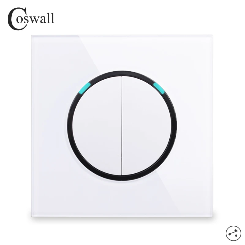 Coswall Glass Panel 2 Gang 2 Way Random Click On / Off Pass Through Wall Light Switch Switched With LED Indicator R11 Series