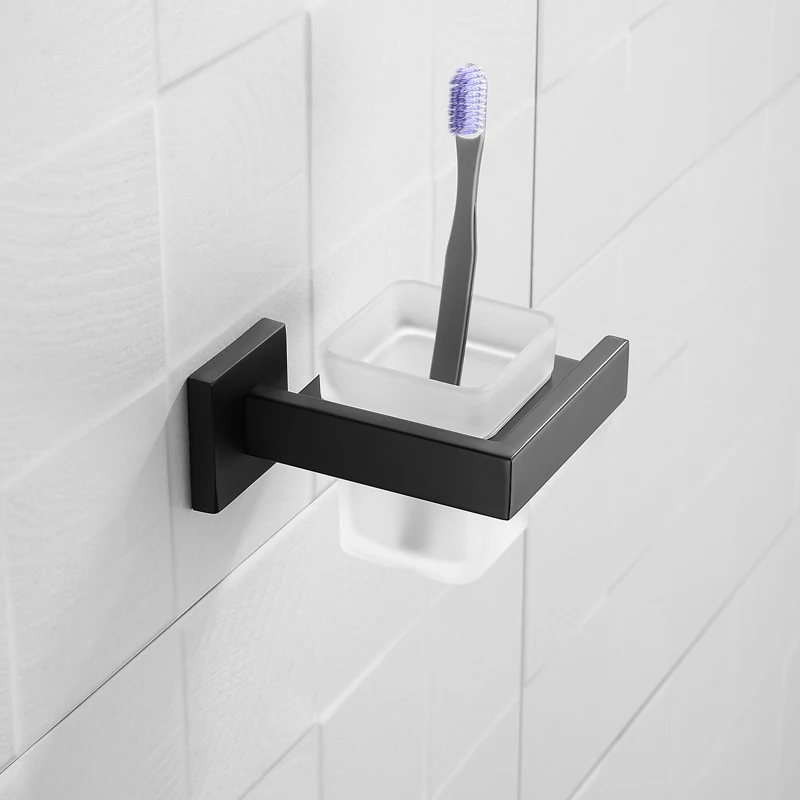 

Matte Black Toothbrush Holder Tumbler Cup for Bathroom Wall Mounted Glass Toothpaste Holder Stainless Steel Accessories