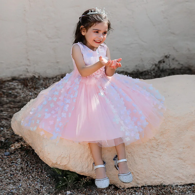 Vestido de bautizo de flores para niña, vestido de princesa de boda, fiesta de cumpleaños, ropa para niños, color blanco y rosa