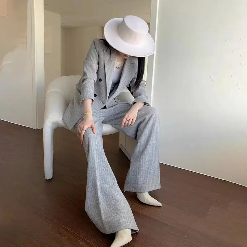 Spring and Autumn Fashion Casual Ladies Woolen Suit Suit High Quality Striped Top Wide Leg Pants Jacket Suit Thickening Full L26