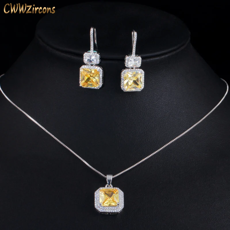 CWWZircons Brand Luxury Fashion Square Yellow Cubic Zirconia Dangle Drop Earrings and Necklace for Women Fine Jewelry Sets T516