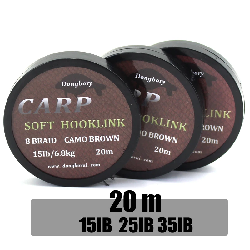 20m Carp Fishing Line Soft Hook Link Uncoated Braid Line Camo Brown Hooklink for Hair Rig 15 25 35LB Carp Coarse Fishing Tackle