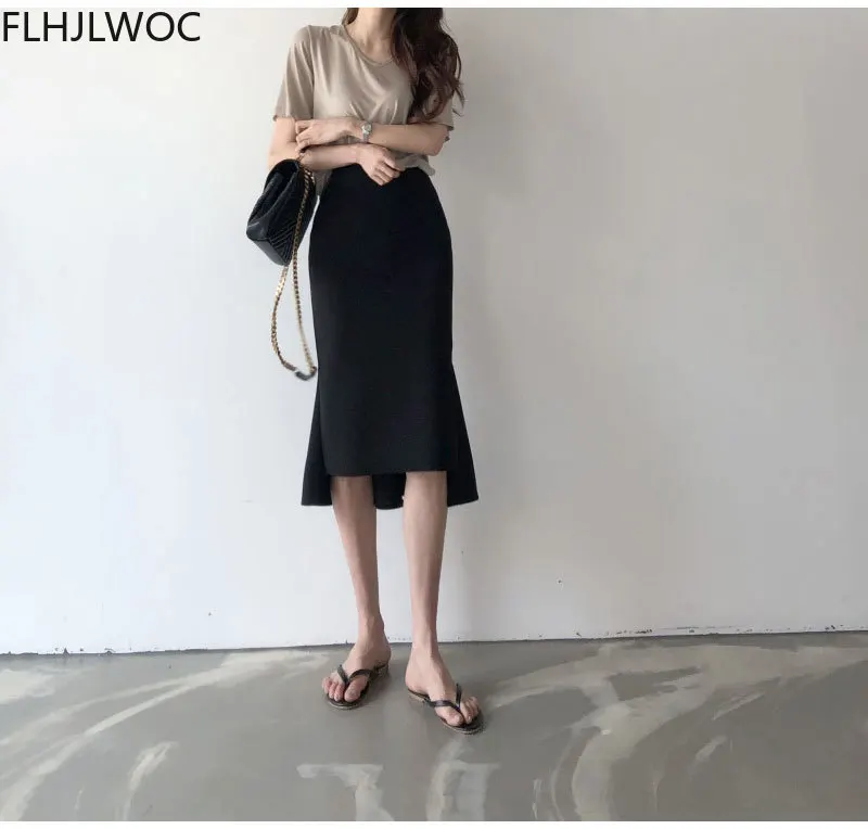 Hot Verkoop Nieuwe Ontwerp Chic Korea Fashion Vrouwen Office Lady Solid Black Iregular Hoge Taille Tuniek Lange Split Slit Potlood rokken