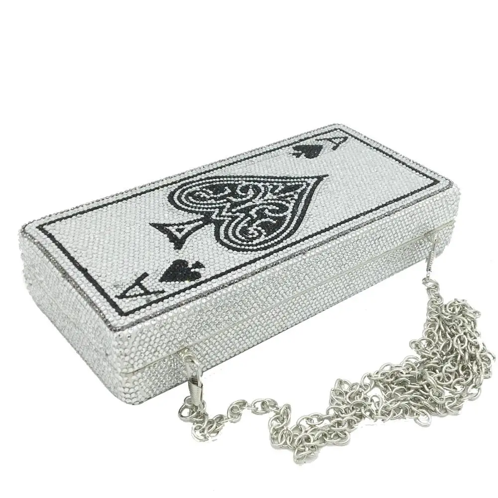 Boutique De FGG Poker Playing Card Spade Ace Women Crystal Clutch Purse Evening Bag Vegas Rhinestone Handbags Casinos Dinner Bag