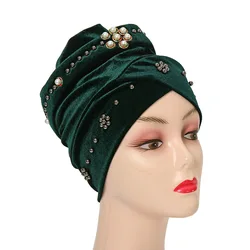 Beads Velvet Turban Caps for Women Winter Beanie Muslim Headscarf Bonnet Femme Musulman Head Wraps Indian Turbante Hat