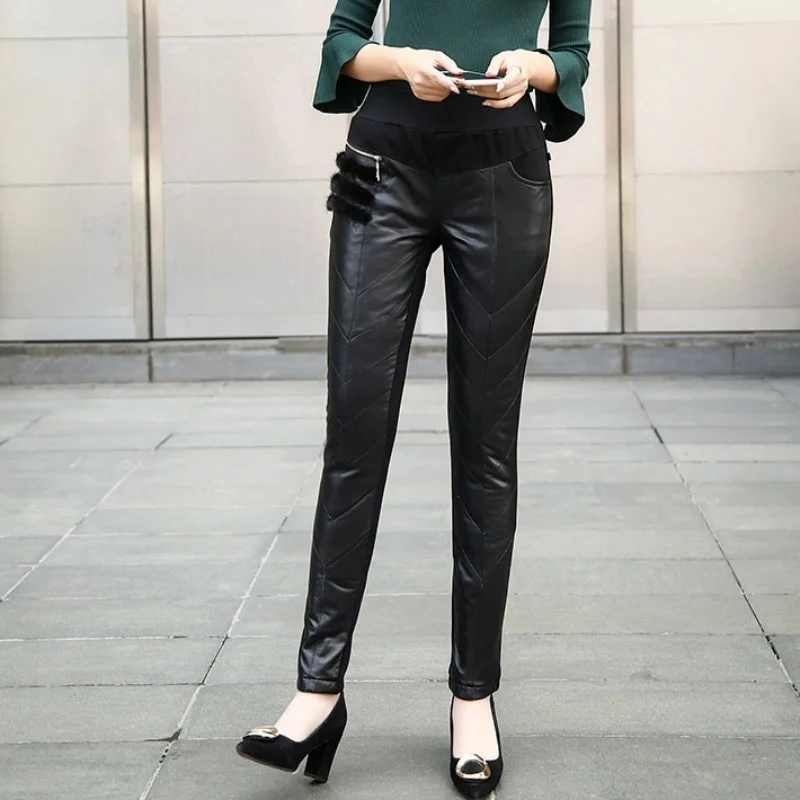 

Women Winter Thick Warm Down Pants Slim Fit Elastic Waist Long Pencil Pants High Quality Ladies Sheepskin Genuine Leather Pants