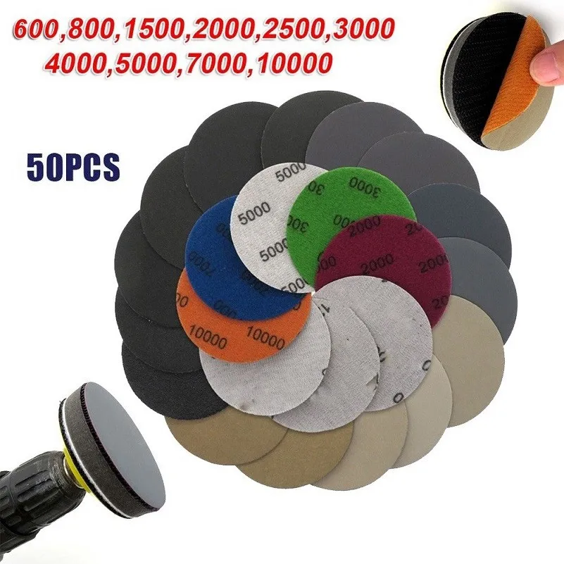 

50Pcs/set 3Inch Wet And Dry Sanding Discs Sandpaper Hook & Loop Pads 600/800/1500/2000/2500/3000/4000/ 5000/7000/10000 Grit