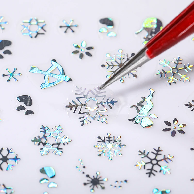 Holographics Silver Snowflakes 3D Christmas Nail Stickers Laser Effect Elk Self Adhesive Transfer Sliders Nail Art Decorations