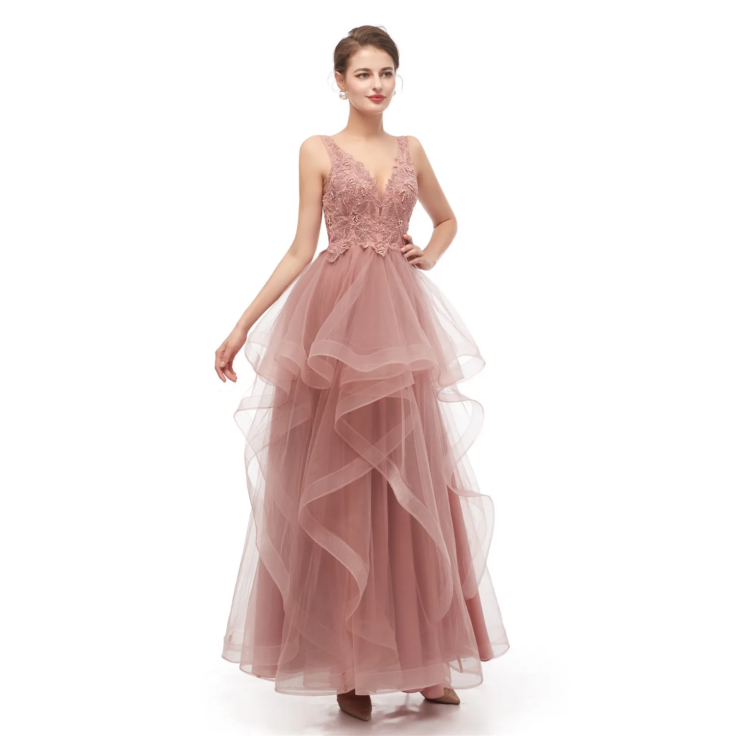 JaneVini – robe de soirée longue en Tulle, élégante, col en V profond, sans manches, avec des applications en dentelle, dos nu, ligne A, perles, 2019