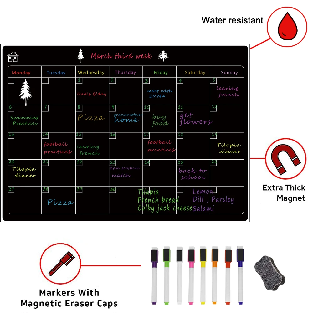 Hivillexun Magnetic Whiteboard Dry Erase Calendar Board Monthly Refrigerator Magnetic Whiteboard Chalkboard include 8 marker