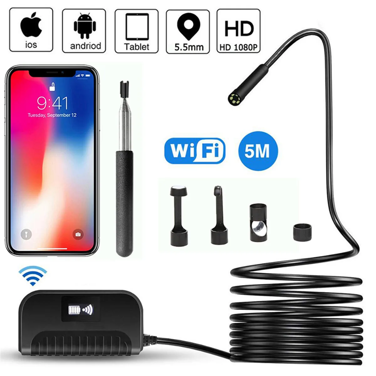 

5.5mm 5MP 1080P Wireless WIFI Endoscope Inspection Borescope Camera 3in1 hd Otoscope for android and ISO