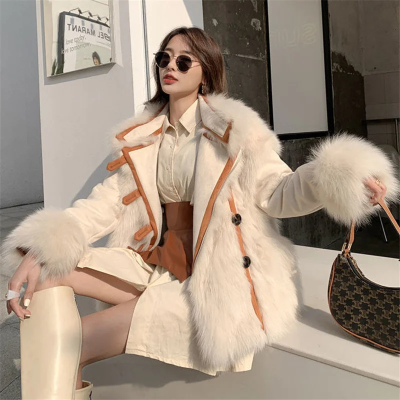 2023 outono inverno moda camurça retalhos falso pele de raposa grama casaco feminino com pele em ambos os lados casacos senhoras pele quente outwear