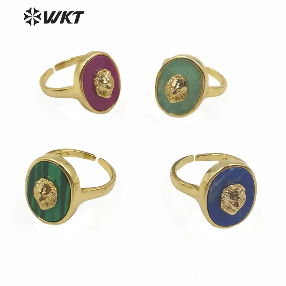 

WT-R351 New design natural stone ring oval gem stone ring with gold electroplated Lion fashion multi color adjustable ring