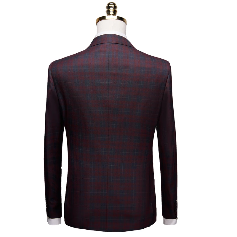 2020 New Men Suit 3 Pieces Fashion Plaid Suit Slim Wedding Dress Suits Blazer Pant and Vest Wine Red