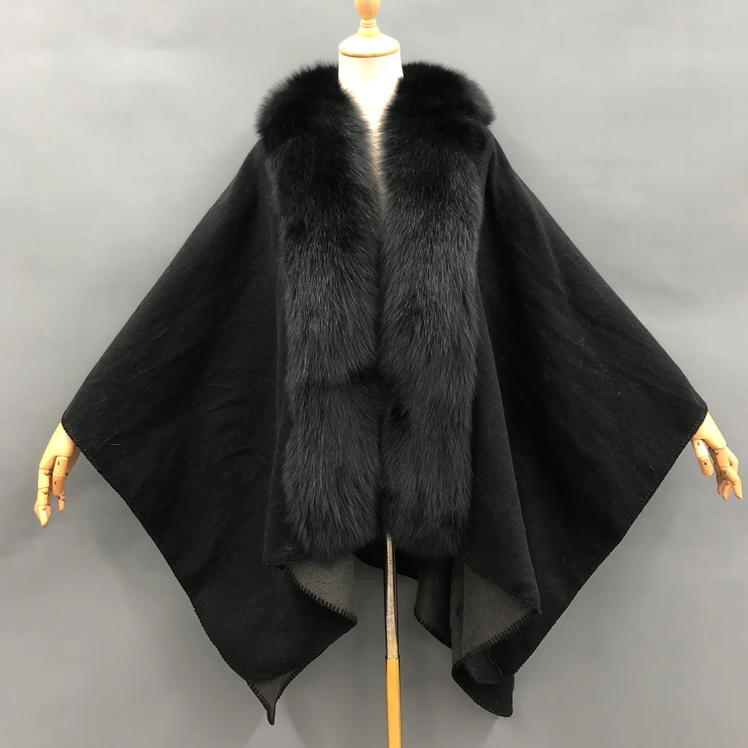 Wool Poncho With Fox Fur Collar Elegant Black Fur Cape Women Winter Jacket Handmade Cashmere Fur Coat