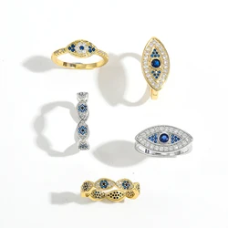 Vintage Ethnic Lucky Turkish Blue Eye Rings for Women Luxury Charm Gold-plated Copper CZ Finger Rings Wedding Jewelry Gift