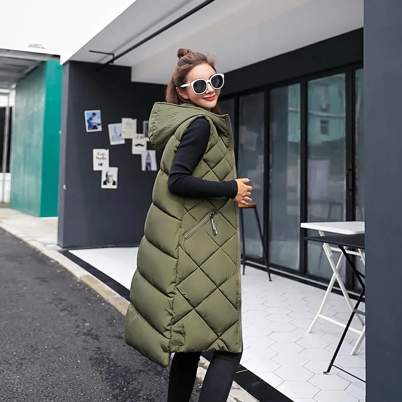 2024 New Winter Down Cotton Hooded Sleeveless Waistcoat Loose Vest Cotton Vest Long Women\'s Autumn Jacket Female Bisic Coats 90