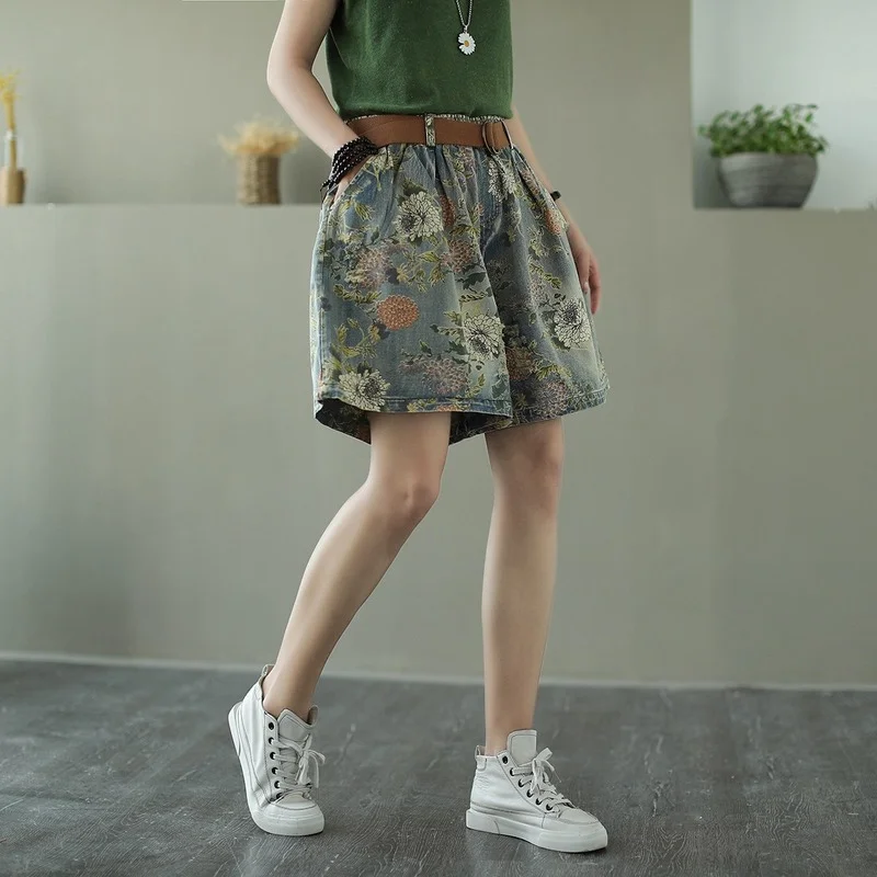 Summer Women Casual Shorts Vintage Floral Print Wide Leg Short Jeans Female High Waist Loose Denim Shorts with Pocket Streetwear