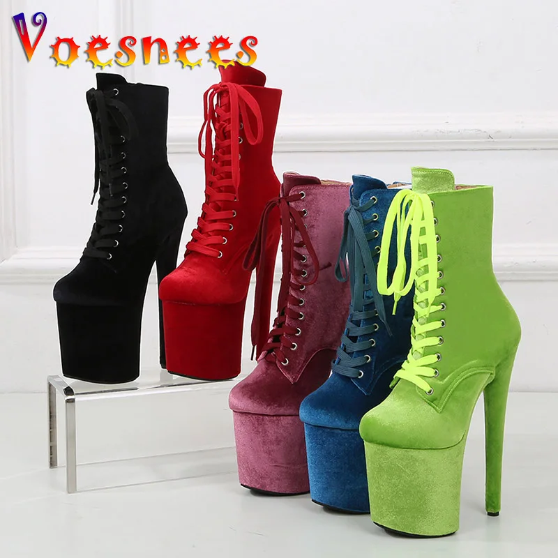 

Women Fetish Platform 20CM Sexy High Heels Shoes Autumn And Winter Lace-up Flock Mid-Calf Boots Zipper Ankle Boots Large Size 43