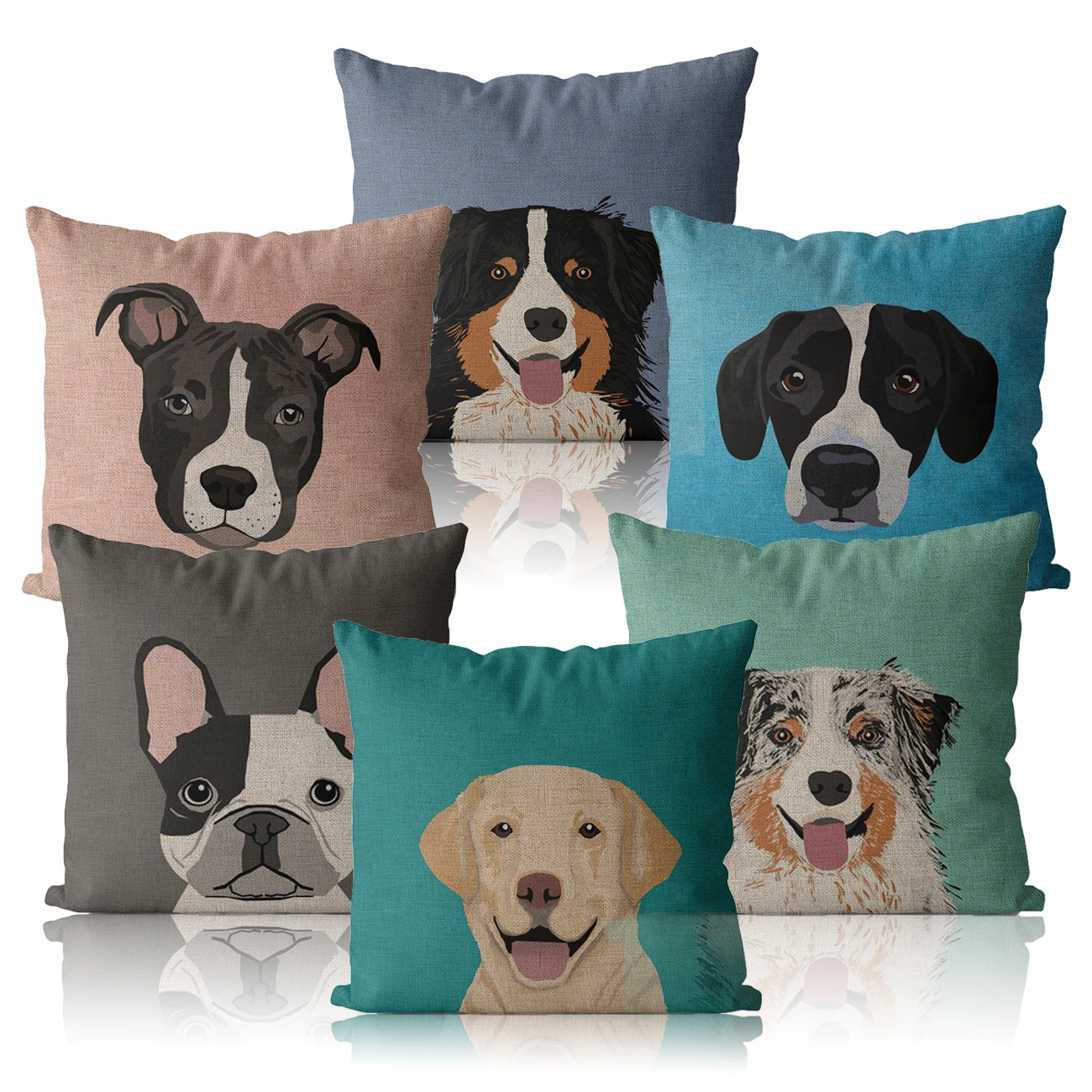 Square Linen Pillow Covers, Animal, Cute Dog, Sausage Dog, Bull Terrier, Pillowcases 45x45, 40x40, Home Decor