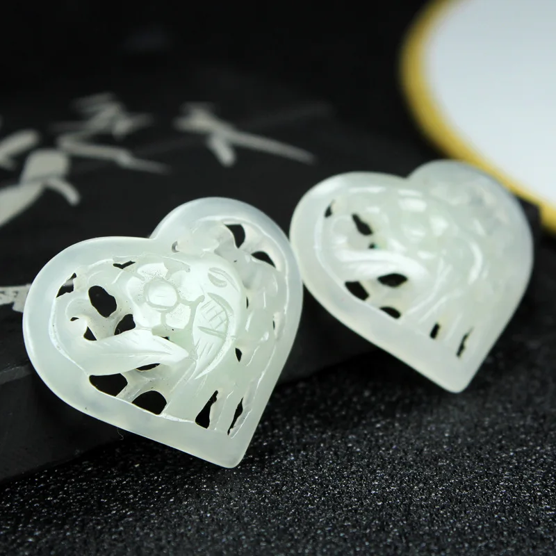 

Natural hetian jade handcarved heart shape hollow out DIY 100% real jade necklace pendant earring jade accessories for women men