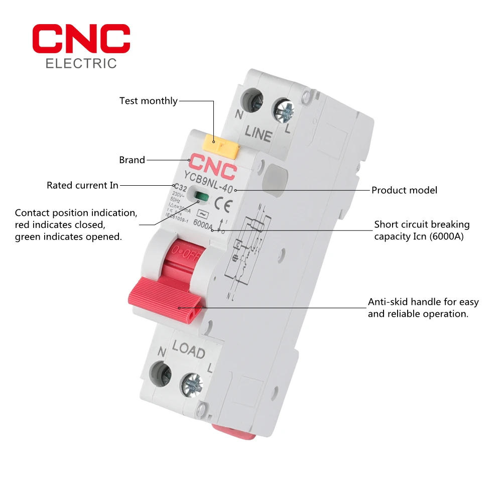 CNC 18mm 230V 50/60Hz RCBO 1P+N 6kA Residual Current Differential Automatic Circuit Breaker With Over Current Leakage Protection