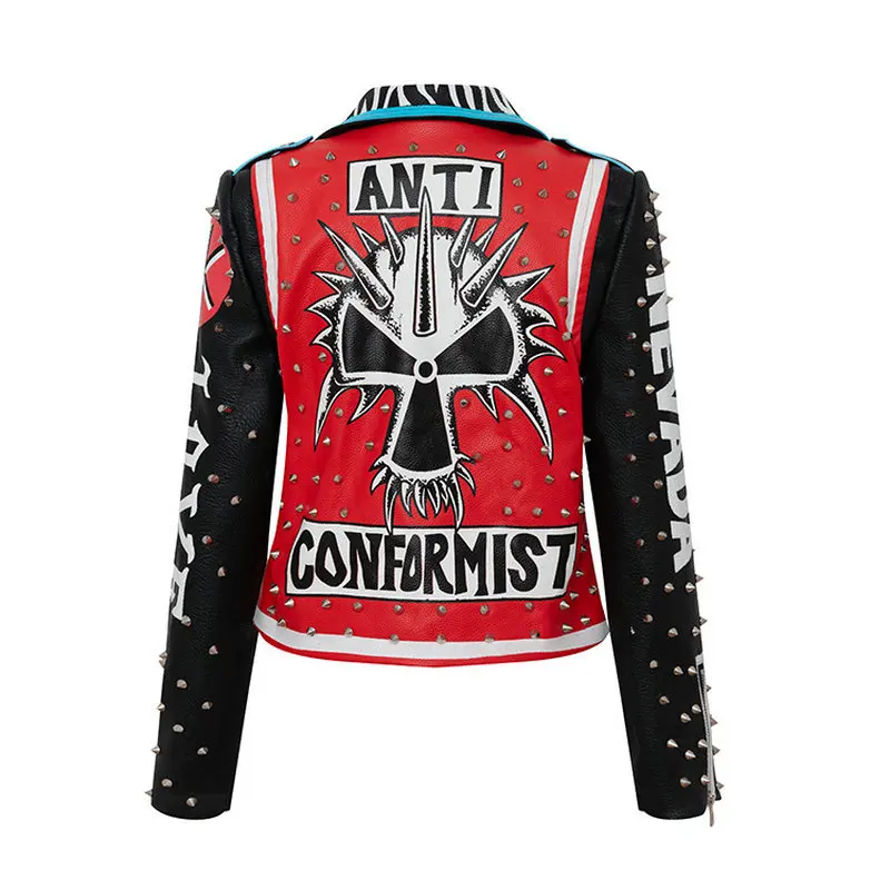 Spring New Street Fashion Short Jacket Women Punk Style Slim Motorcycle PU Leather Jacket Female Lapel Rivet Graffiti Outerwear