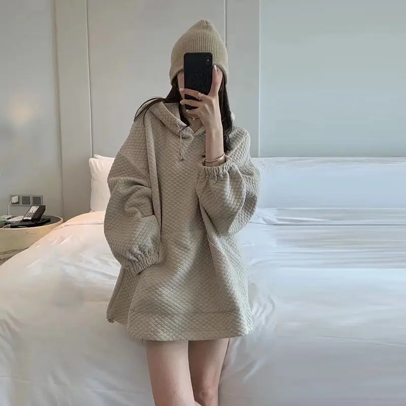 

Hooded Women's 2021 New Korean Version Versatile Fashion Loose Check Hem Drawcord Medium Length Top Fashion